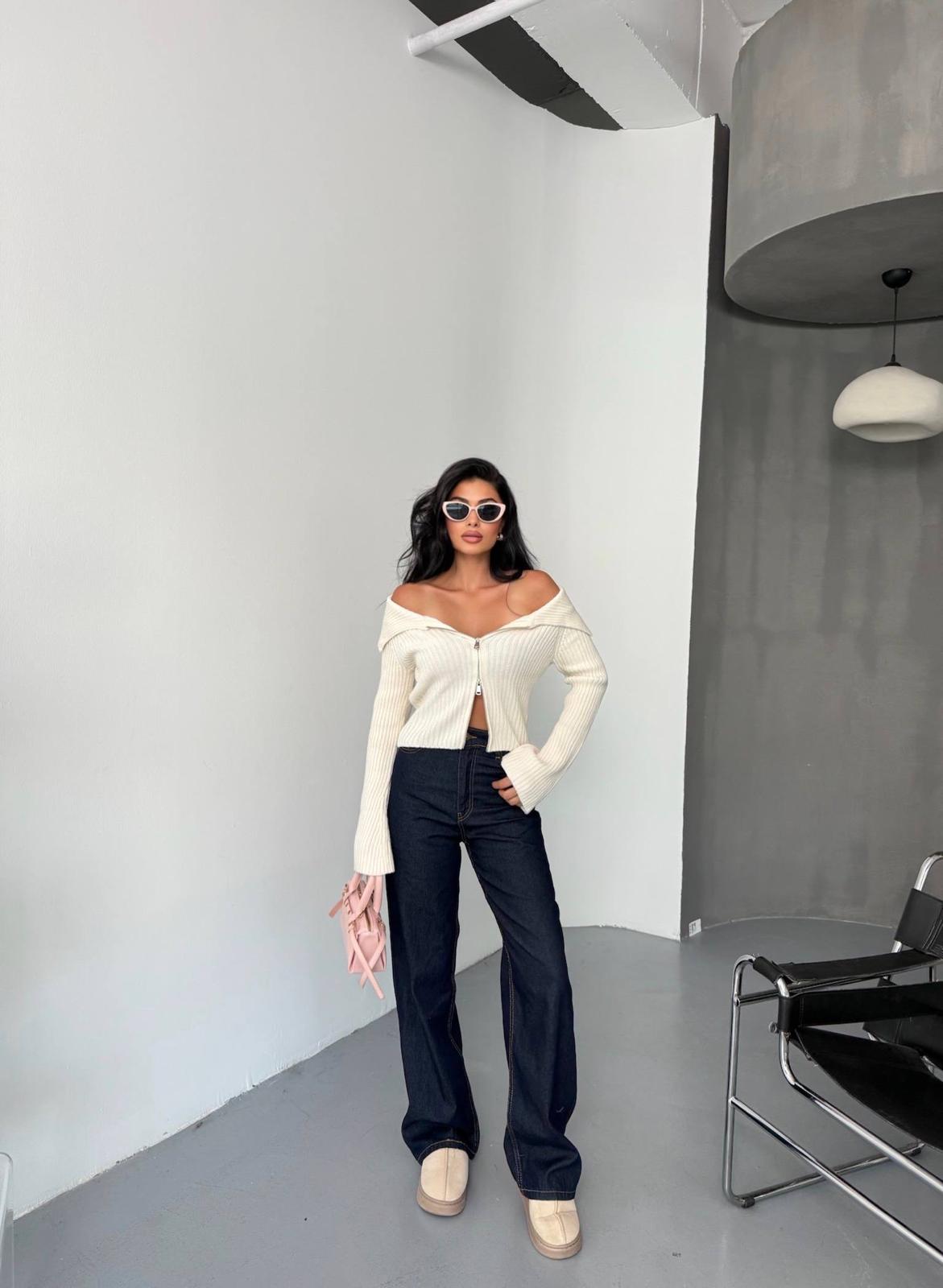 Çift Fermuarlı Akrilik Kazak Ekru